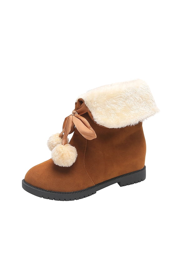 Women's Winter Warm Snow Boots Faux Fur Lined Booties Shoes Side Bowknot Ball Decor Plush Ankle Boots Round Toe Short Boots Brown 36