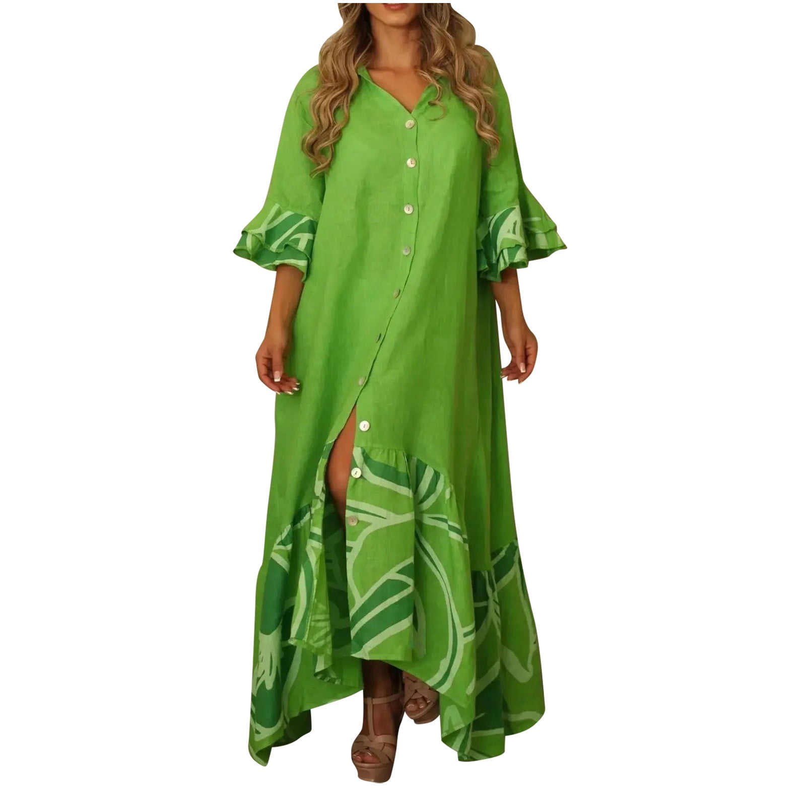 KIJBLAE Womens Button Down Skirt Ruffle Hem Shirdress Fall Fashion