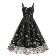 KIJBLAE Womens Embroidered Mesh Patchwork Vintage Dress Summer Fashion 2023 Square Neck Dress A-line Dress Holiday Vacation Sleeveless Wedding Guest Floral Party Prom Beach Black S