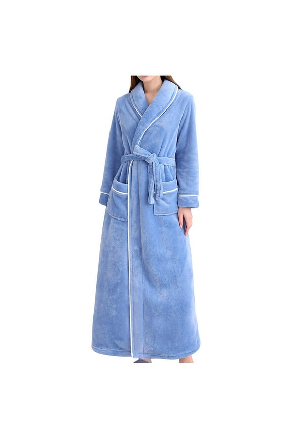 Womens Fleece Robes, Belted Pockets Plus Size Soft Plush Long Spa Bathrobe Soft Warm Wrap Robes Cozy Fleece Long House Robe Housecoat Blue XXXL