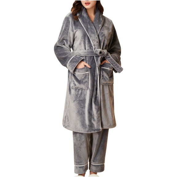 KIJBLAE Womens Fleece Robes, Belted Pockets Plus Size Soft Plush Long Spa Bathrobe Soft Warm Wrap Robes Cozy Fleece Long House Robe Housecoat Gray XL