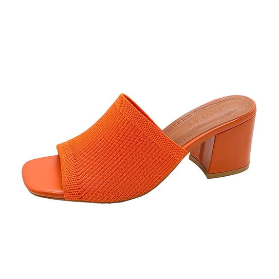 KIJBLAE XINTEXY Women's Summer Solid Square Toe Knitted Block Heel Sandals, Trendy Lightweight Elevated Footwear for Casual Daily Outdoor Wear Orange 39