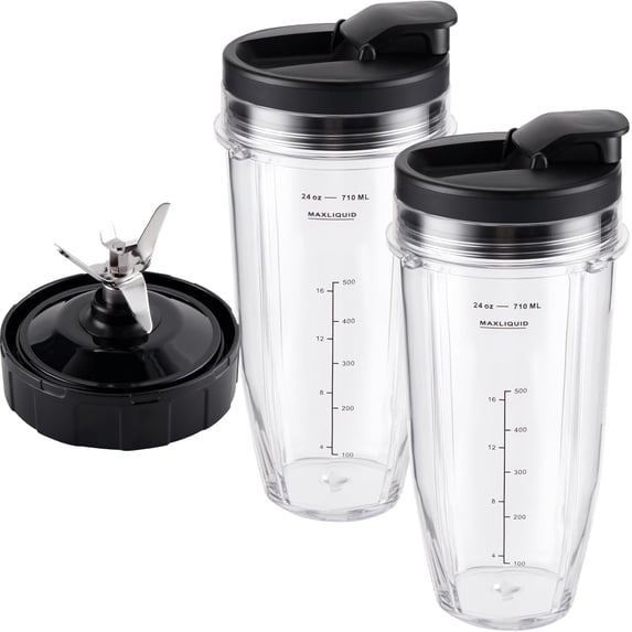 Blender Replacement Parts for Ninja, 24oz Ninja Blender Cups with To-Go Lids, 7 Fins Extractor Blade, Compatible with Nutri Ninja Auto iQ Blenders BL2012 BN801 BL480-30 BL640-30 BL642-30 NN100-30