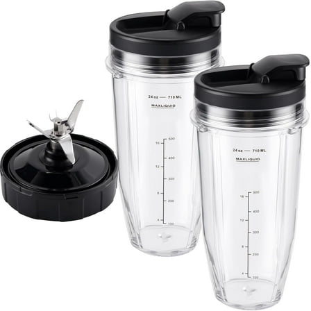 Blender Replacement Parts for Ninja, 24oz Ninja Blender Cups with To-Go Lids, 7 Fins Extractor Blade, Compatible with Nutri Ninja Auto iQ Blenders BL2012 BN801 BL480-30 BL640-30 BL642-30 NN100-30