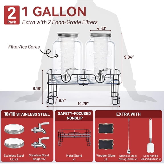 KIKCOIN 1 Gallon Glass Drink Dispensers for Parties, 2 Pack Leakproof Beverage Dispenser with 18/10 Stainless Steel Spigot & Filter -for Lemonade, Juice, Sun Tea, Punch- ALL DISHWASHER SAFE