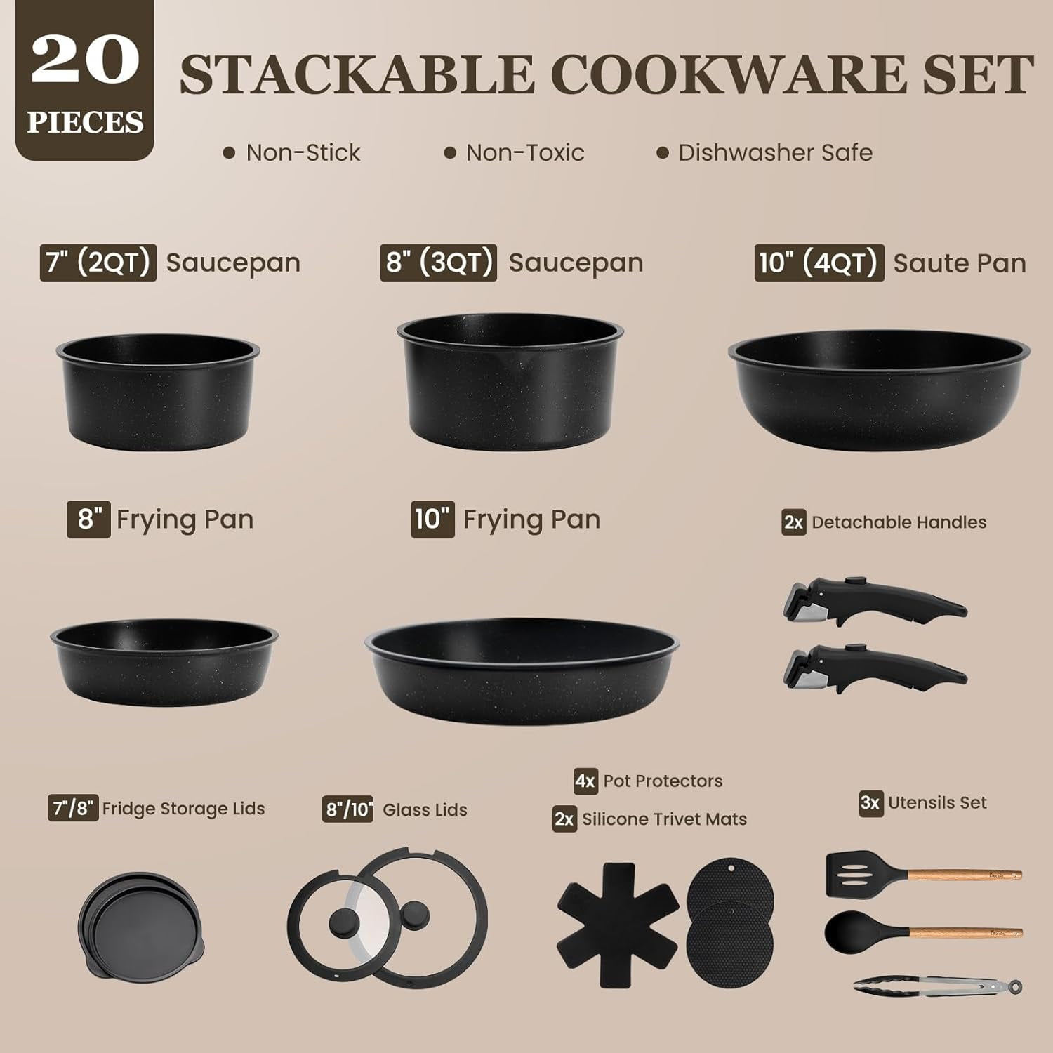 KIKCOIN 20 Pcs Pots and Pans Set Non Stick Detachable Handle Cookware Induction RV Kitchen Cooking