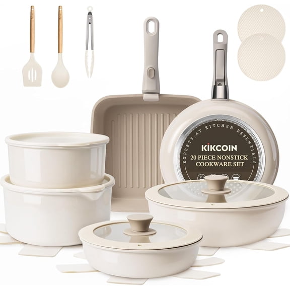 KIKCOIN 20 Pcs Pots and Pans Set Non Stick, Detachable Handle Cookware Sets Nonstick, Non Toxic Induction RV Kitchen Cooking Set with Removable Handles, Dishwasher/Oven Safe, Easy Clean (Black)