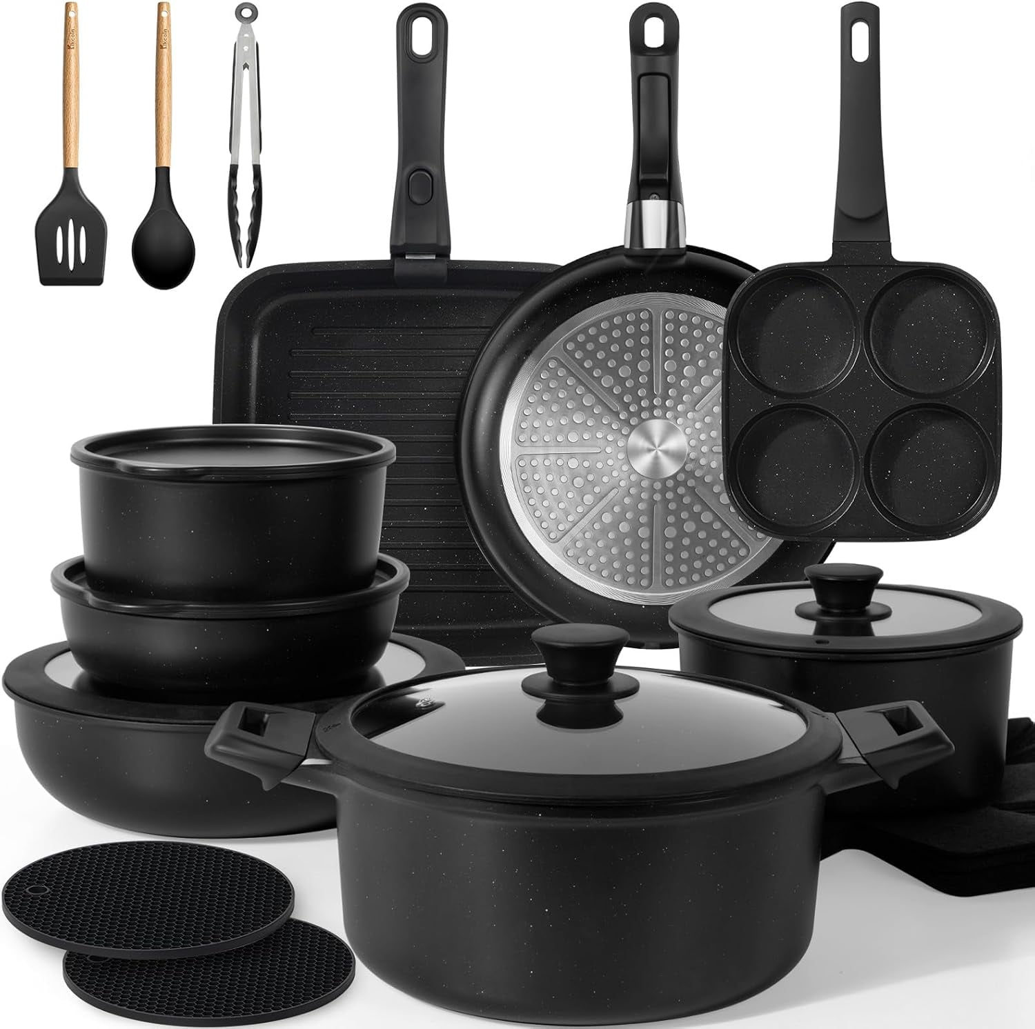 KIKCOIN 20 Pcs Pots and Pans Set Non Stick, Detachable Handle Cookware Sets Nonstick, Non Toxic Induction RV Kitchen Cooking Set with Removable Handles, Dishwasher/Oven Safe, Easy Clean (Black)