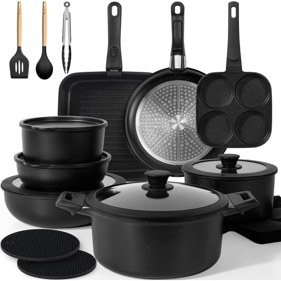 KIKCOIN 20 Pcs Pots and Pans Set Non Stick, Detachable Handle Cookware Sets Nonstick, Non Toxic Induction RV Kitchen Cooking Set with Removable Handles, Dishwasher/Oven Safe, Easy Clean (Black)