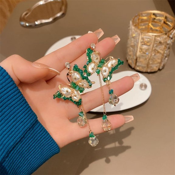 KIKI HOME Crystal Tassel Butterfly Earrings with 925 Silver Needles and Pearl Accents