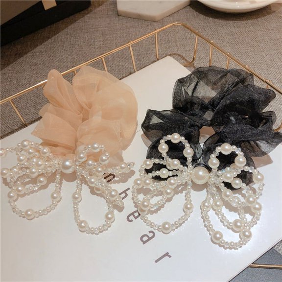KIKI HOME Spring Chiffon Pearl Butterfly Hair Rings - Large Size, Fashionable Hair Accessories for Students