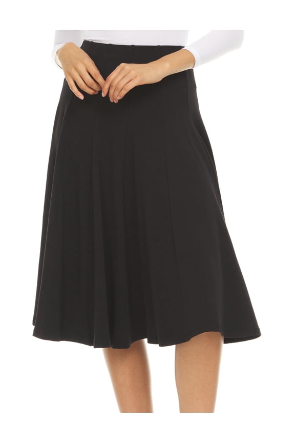 Panel Midi Skirt with Elastic Waist for Womens/Teens 29 Inch Length Black Large