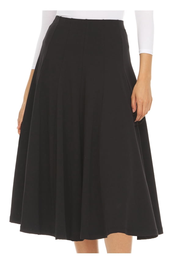 Panel Midi Skirt with Elastic Waist for Womens/Teens 32 Inch Length Black x Large