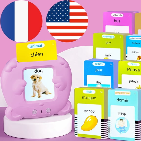 KILOGOGRAPH French Talking Flash Cards Bilingual - Pocket Speech for Toddlers, Gifts for Boys Girls, Pink