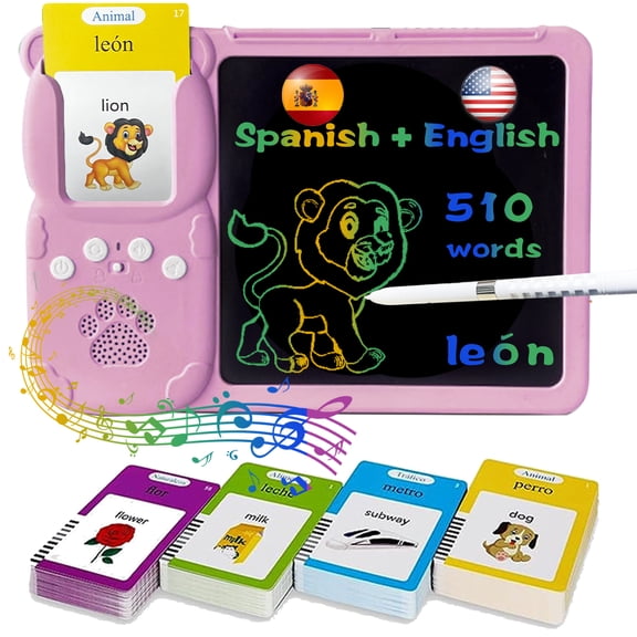 KILOGOGRAPH Spanish Talking Flash Cards with Writing Tablet - Bilingual Learning, Gifts for Boys Girls, Pink