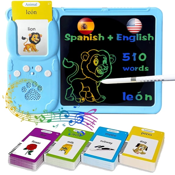 KILOGOGRAPH Spanish Talking Flash Cards with Writing Tablet - Bilingual Learning, Gifts for Boys Girls, Blue