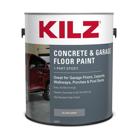 KILZ 1-Part Epoxy Acrylic Concrete and Garage Floor Paint, Interior/Exterior, Satin, Slate Gray, 1 Gallon