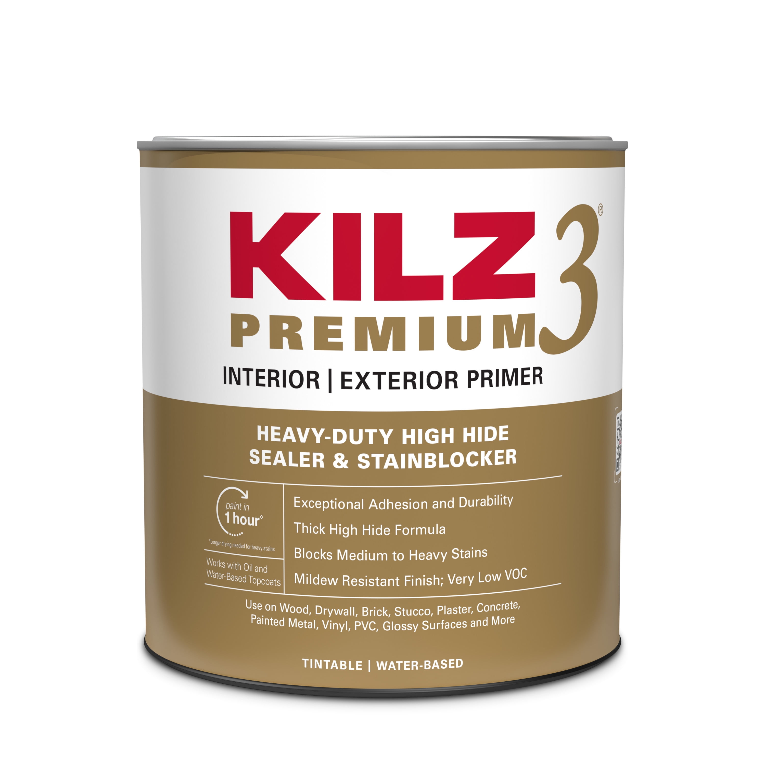 KILZ 3 Premium Water-Based Primer, Interior and Exterior, Stain
