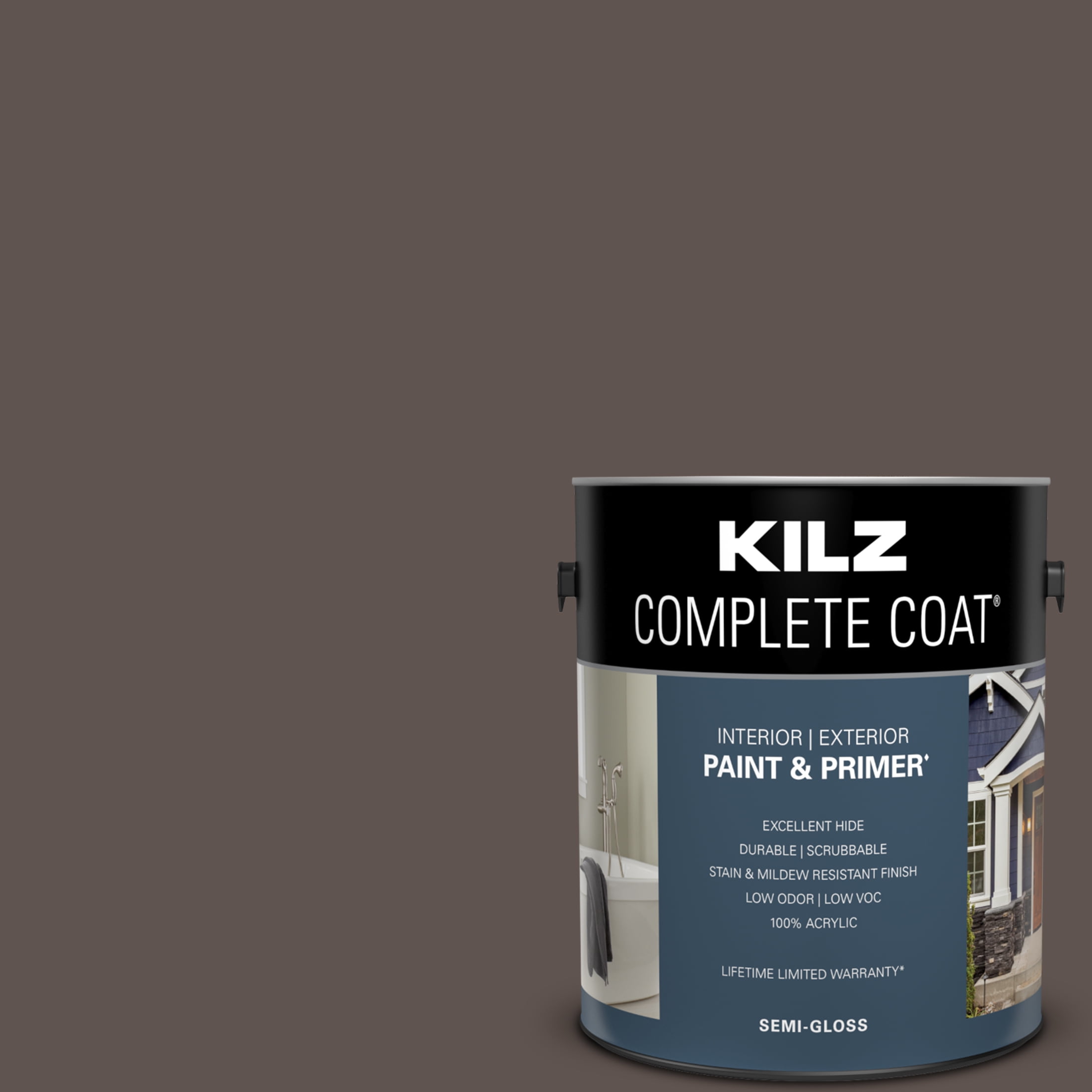 KILZ Complete Coat Paint & Primer, Interior/Exterior, Semi-Gloss, Bittersweet Brown, 1 Gallon