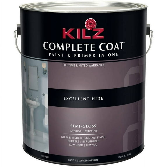 KILZ Complete Coat Semi-Gloss Base 1 Ultra Bright Paint, White, 5 Gallon