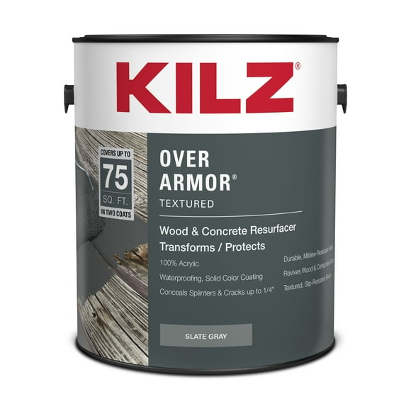 KILZ Over Armor Wood & Concrete Solid Coating Resurfacer, Exterior, Textured, Slate Gray, 1 Gallon