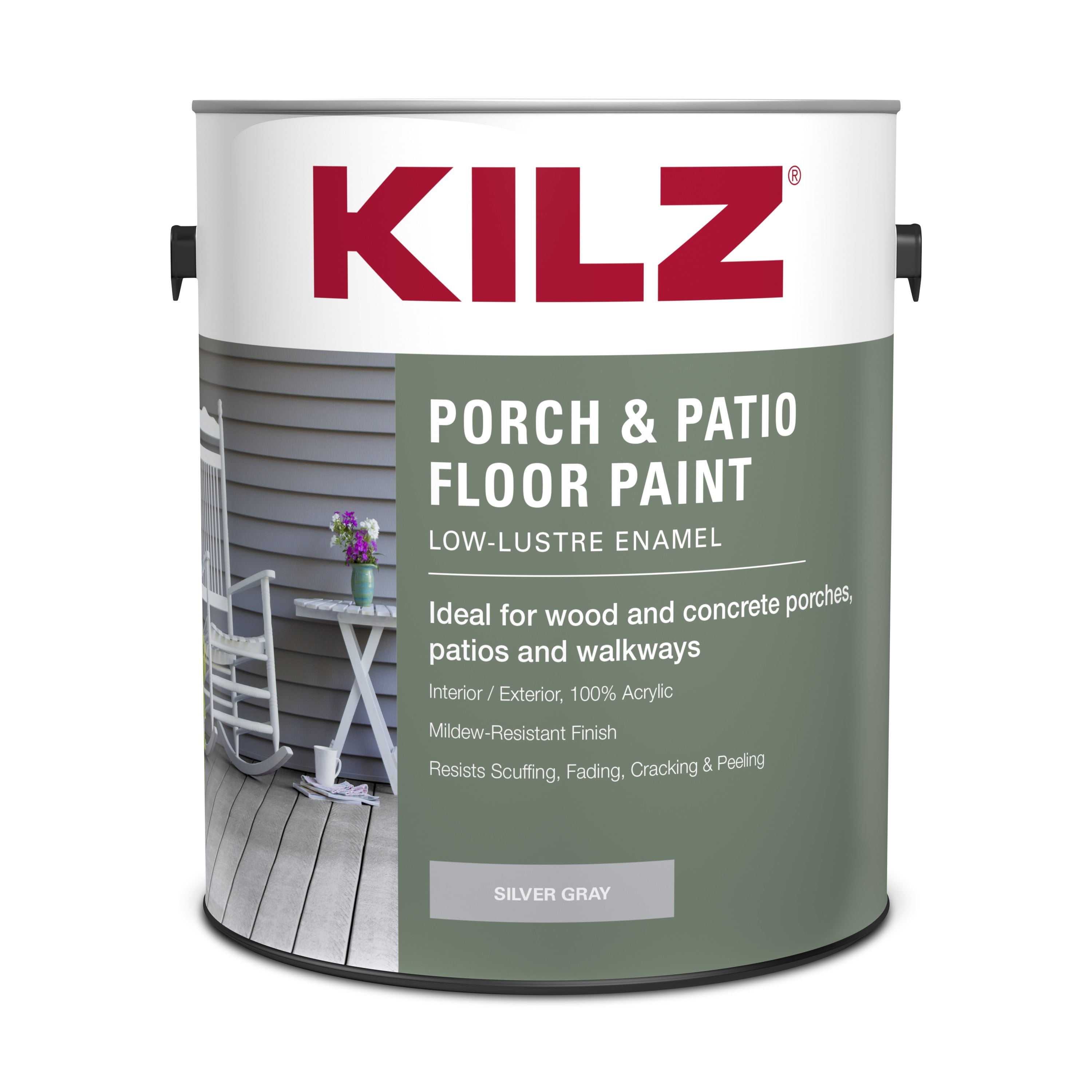 KILZ Porch & Patio Latex Floor Paint, Interior/Exterior, Low-Lustre Enamel, Silver Gray, 1 Gallon