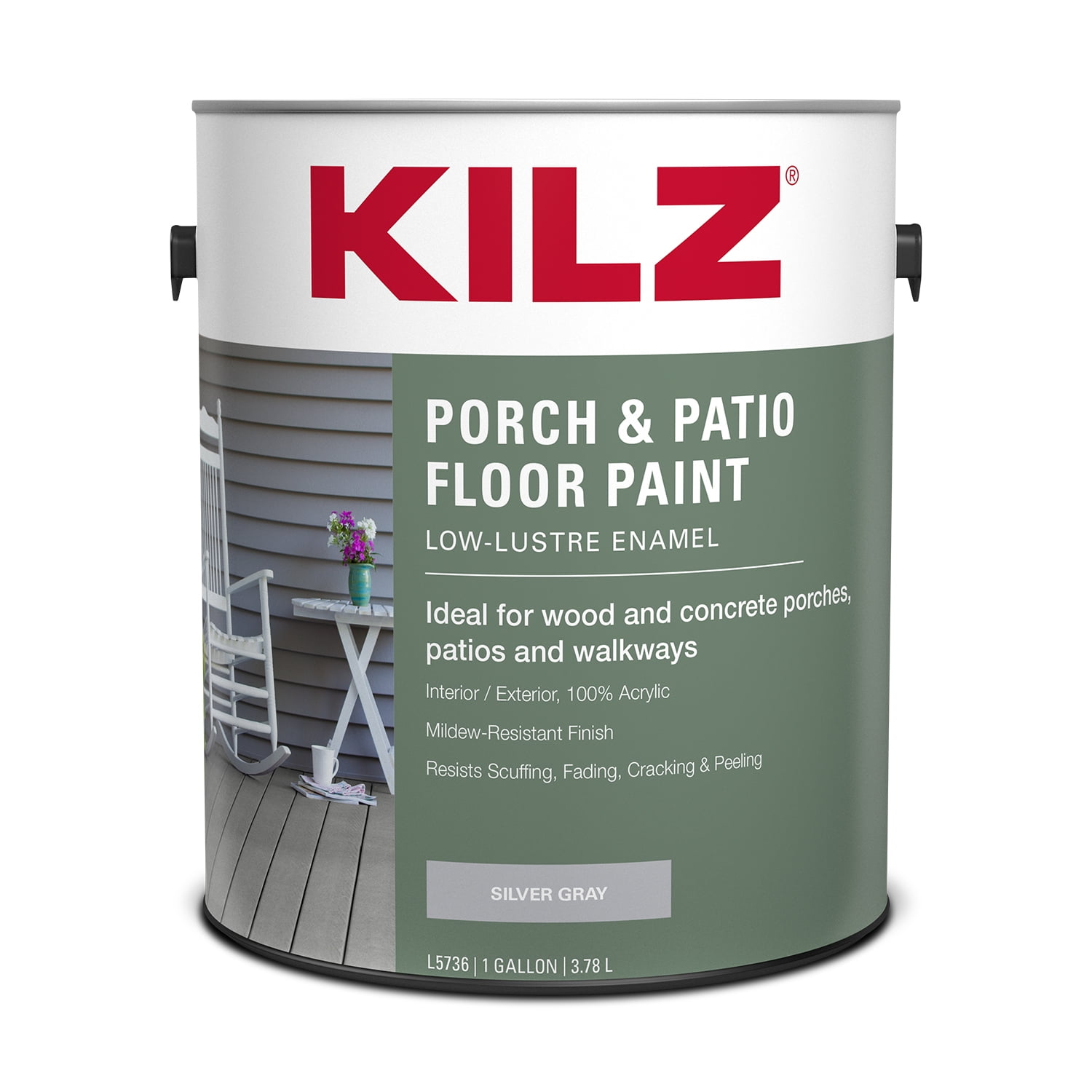 KILZ Porch & Patio Latex Floor Paint, Interior/Exterior, Low-Lustre Enamel, Silver Gray, 1 Gallon
