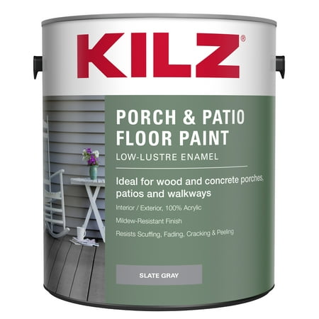 KILZ Porch & Patio Latex Floor Paint, Interior/Exterior, Low-Lustre Enamel, Slate Gray, 1 Gallon