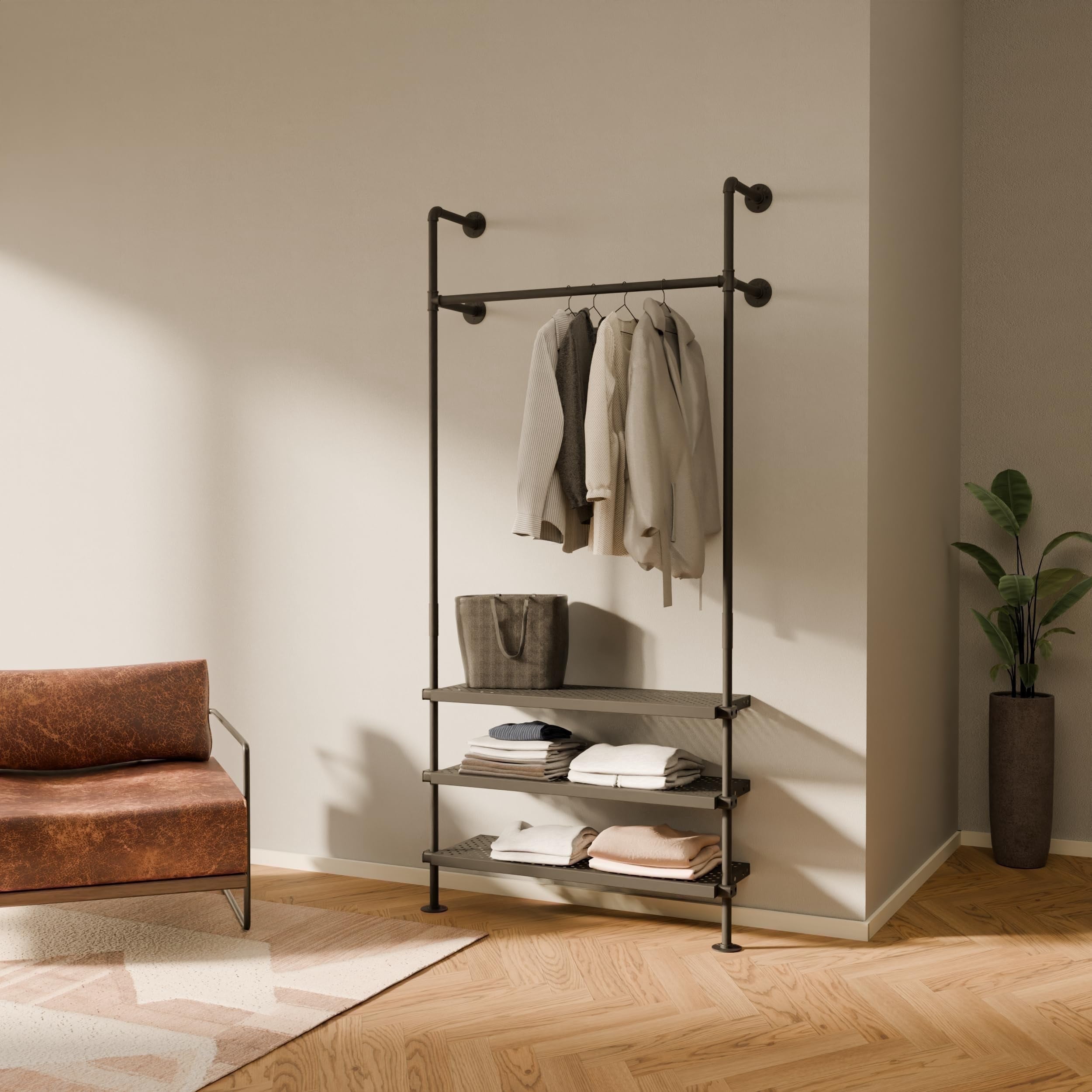 pamo Industrial Pipe Clothing Rack with Shelf - 390 lbs Capacity - Wall ...