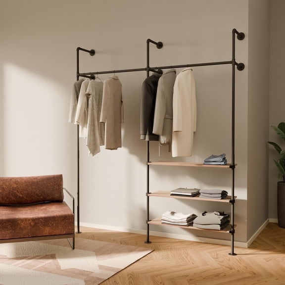pamo Industrial Pipe Clothing Rack with Shelf - 520 lbs Capacity - Wall Mounted Clothes Rack and Walk In Closet with Oak Shelf for Wardrobe