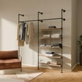 thumbnail image 1 of pamo Industrial Pipe Clothing Rack with Shelf - 520 lbs Capacity - Wall Mounted Clothes Rack and Walk In Closet with Oak Shelf for Wardrobe, 1 of 9