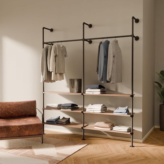 pamo Industrial Pipe Clothing Rack with Shelf - 440 lbs Capacity - Wall Mounted Clothes Rack and Walk In Closet with Oak Shelf for Wardrobe