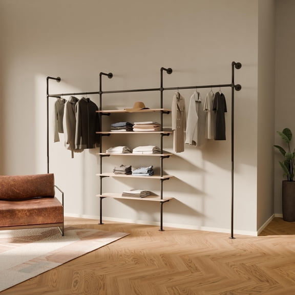 pamo Industrial Pipe Clothing Rack with Shelf - 790 lbs Capacity - Wall Mounted Clothes Rack and Walk In Closet with Oak Shelf for Wardrobe