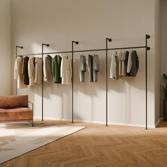 pamo Industrial Pipe Clothing Rack - 880 lbs Capacity - Wall Mounted Clothes Rack and Walk In Closet for Wardrobe