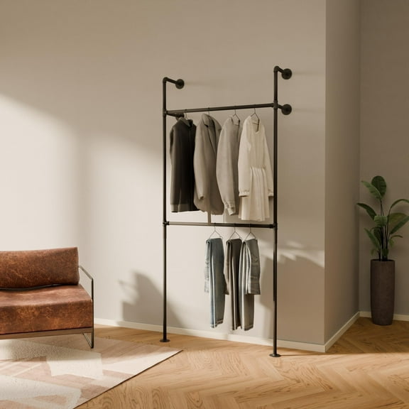 pamo Industrial Pipe Clothing Rack - 390 lbs Capacity - Wall Mounted Clothes Rack and Walk In Closet for Wardrobe