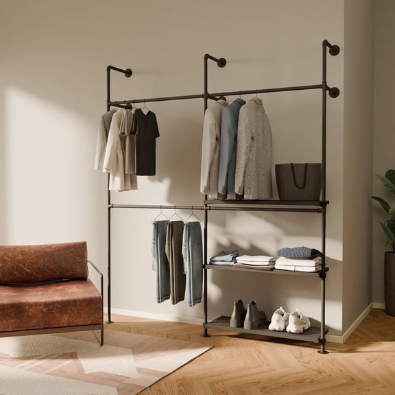 pamo Industrial Pipe Clothing Rack with Shelf - 790 lbs Capacity - Wall Mounted Clothes Rack and Walk In Closet with Metal Shelf for Wardrobe