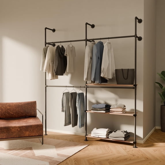 pamo Industrial Pipe Clothing Rack with Shelf - 790 lbs Capacity - Wall ...