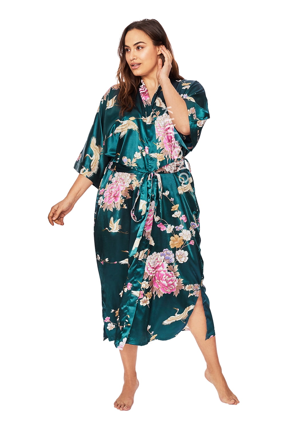 KIM+ONO Plus Size Long Kimonos Satin Robe for Women, Womens Kimono Robes,  Plus Size Japanese Robe- Floral - Chrysanthemum & Crane - Peacock