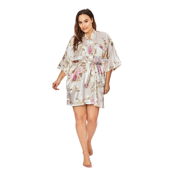 KIM+ONO Plus Size Short Kimonos Satin Robe for Women, Plus Size Japanese Robe, Womens Kimono Robes - Floral - Chrysanthemum & Crane - White