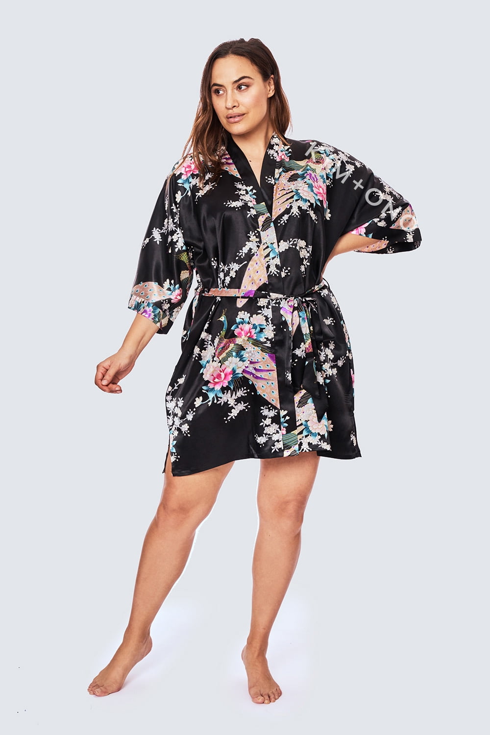 KIM+ONO Plus Size Women's Long Satin Kimono Robe - Floral Hand-Sketched Design