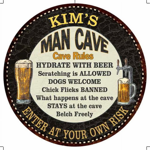 KIM'S Man Cave Rules 14" Round Metal Sign Garage Bar Decor 100140010018