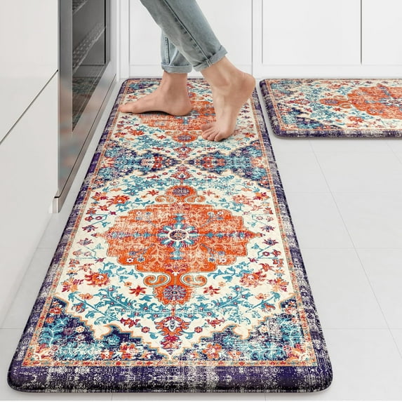 KIMDOE Kitchen Rugs Cushioned Anti Fatigue Kitchen Mat Non-Skid Waterproof Kitchen Runner Rug Ergonomic Comfort Foam Standing Mat for Kitchen Decor,Floors,Office,Laundry,Orange Blue 17"x29.5"+17"x47"