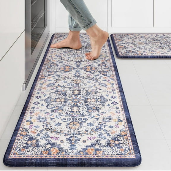 KIMDOE Kitchen Rugs Cushioned Anti Fatigue Kitchen Mat Non-Skid Waterproof Kitchen Runner Rug Ergonomic Comfort Foam Standing Mat for Kitchen Floors,Office,Laundry,Dark Blue 17"x29.5"+17"x47"