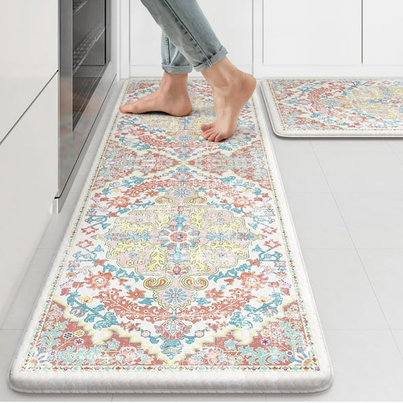 KIMDOE Kitchen Rugs Cushioned Anti Fatigue Kitchen Mat Non-Skid Waterproof Kitchen Runner Rug Ergonomic Comfort Foam Standing Mat for Kitchen Floors,Office,Laundry,Pink 17"x29.5"+17"x47"