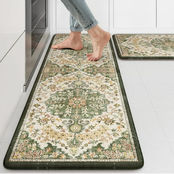 KIMDOE Kitchen Rugs Cushioned Anti Fatigue Kitchen Mat Non-Skid Waterproof Kitchen Runner Rug Ergonomic Comfort Foam Standing Mat for Kitchen Floors,Office,Laundry,Green 17"x29.5"+17"x47"