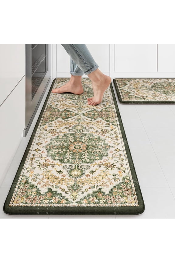 KIMDOE Kitchen Rugs Cushioned Anti Fatigue Kitchen Mat Non-Skid Waterproof Kitchen Runner Rug Ergonomic Comfort Foam Standing Mat for Kitchen Floors,Office,Laundry,Green 17"x29.5"+17"x47"