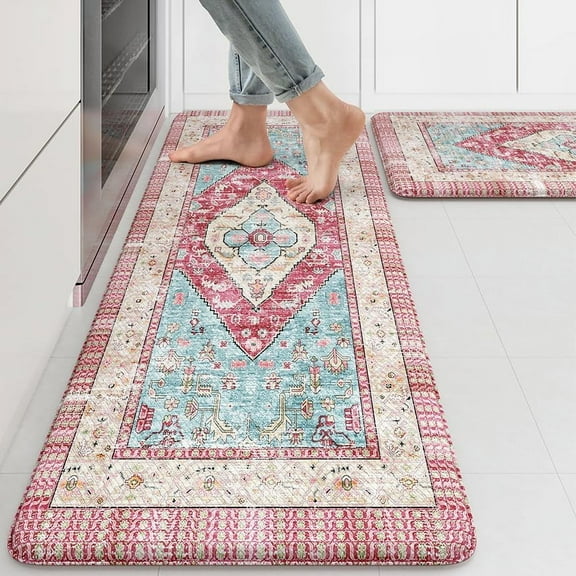 KIMDOE Kitchen Rugs and Mats 2PCS Cushioned Anti Fatigue Kitchen Mat Non-Skid Waterproof Kitchen Runner Rug for Kitchen Decor,Floors,Office,Laundry,Rose Red