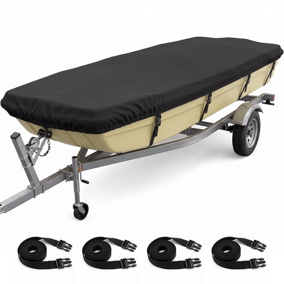KIMERSE 11-13 Ft Jon Boat Cover, 420D Heavy Duty Waterproof Trailerable Cover with Windproof Straps, Fits V-Hull, Tri-Hull, Runabout & Bass Fishing Styles