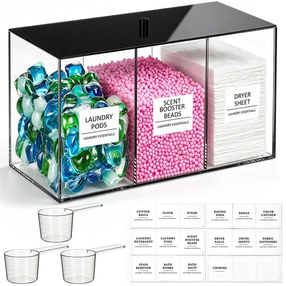 KIMERSE 3-in-1 Multi-Purpose Laundry Pod Container, Airtight Box for Laundry Pods & Detergent Powder, Comes with Labels & 3 Measuring Scoops