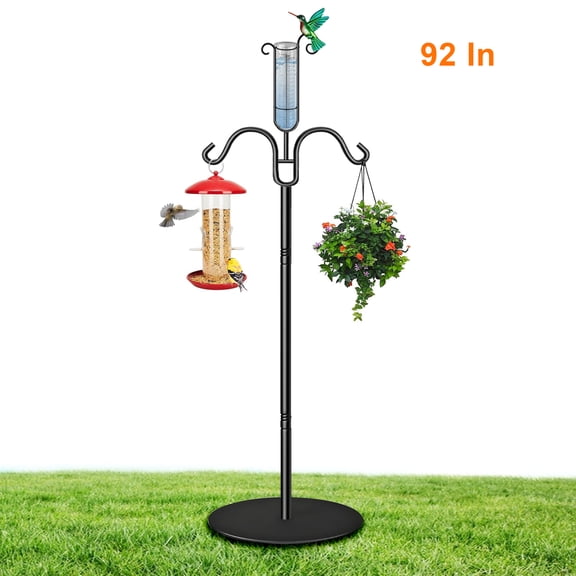 92" Bird Feeder Pole Adjustable, 3/4" Thick Shepherds Hooks for Bird Feeder Stand Hanger Post with Precipitation Cup for hummingbird, Lantern, Plant